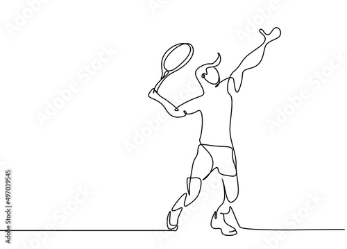 a male tennis player throws the ball into the air and waits to hit it with his racket