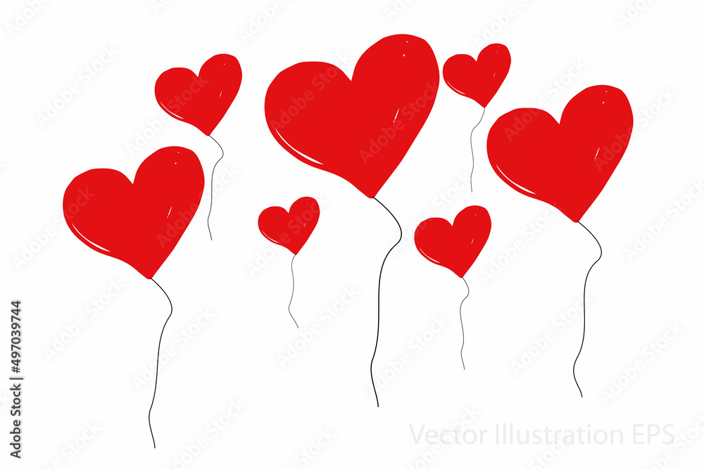 Heart shaped red balloons with black balloon threads. Vector illustration according to the concept of simplicity