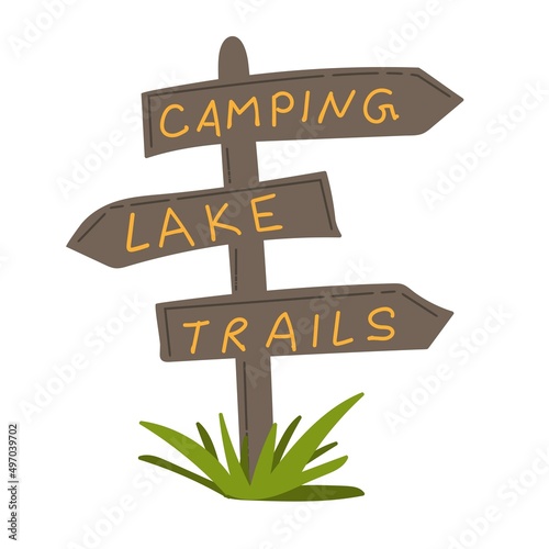 Hand drawn signpost sign.  Various travel signs - camping, lake and trails. Vector illustration.