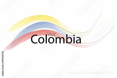 the slogan visit Colombia with curved waves in watercolor style which are in the colors of the national flag. Vector Illustration