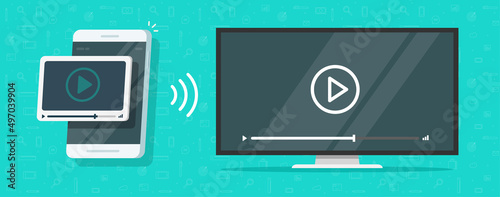 Tv to cell phone streaming video movie service vector or mobile cellphone smartphone screen mirror cast connected to television movie flat illustration, transmission and broadcast smart technology