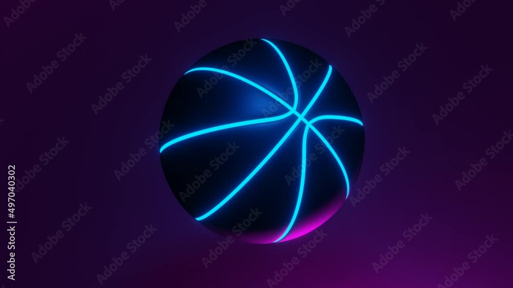 Spinning blue glowing basketball with blue and pink lights, 3d animation, seamless loop