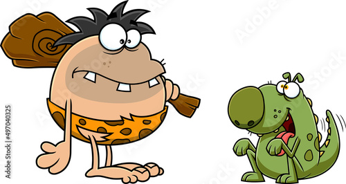 Caveman With Club And Dino Dog Cartoon Characters. Vector Hand Drawn Illustration Isolated On White Background