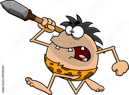 Angry Caveman Cartoon Character Running With A Spear. Vector Hand Drawn Illustration Isolated On White Background