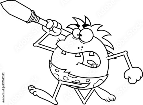 Outlined Angry Caveman Cartoon Character Running With A Spear. Vector Hand Drawn Illustration Isolated On White Background