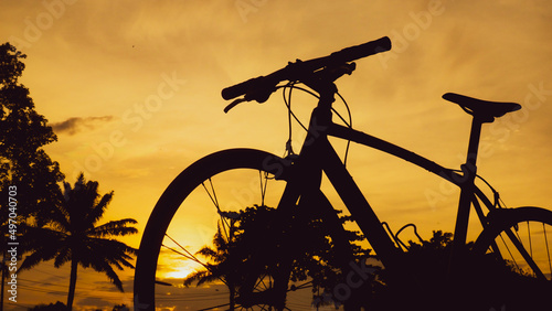 bike parked in the meadow in the evening. bicycle silhouette