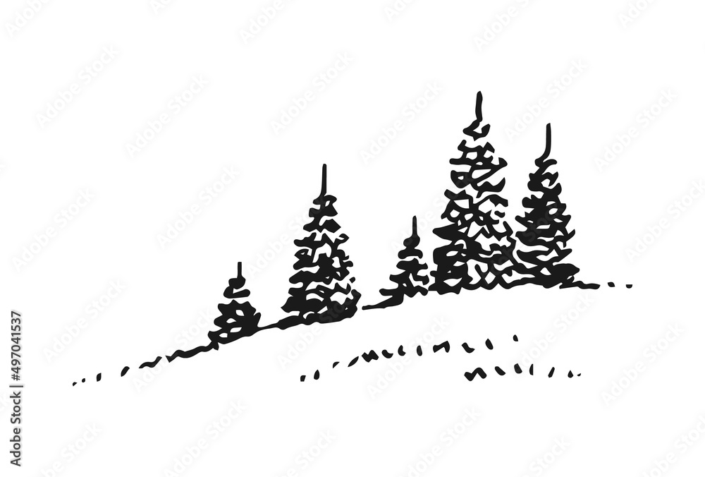 Fototapeta premium Sketch of wild nature with forest. Hand drawn illustration converted to vector.