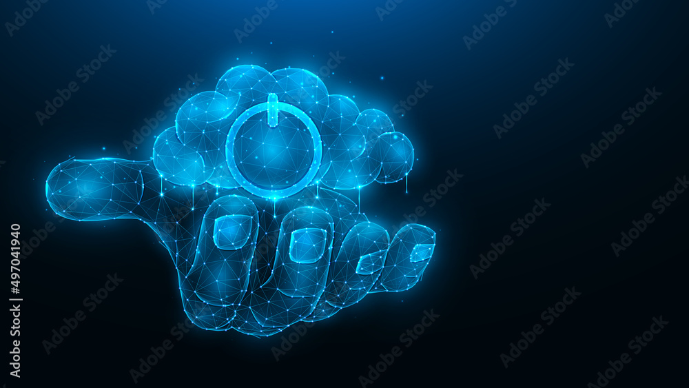 Αυτοκόλλητο Polygonal vector illustration of a hand holding a cloud with a power symbol on a dark blue background