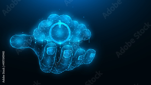 Polygonal vector illustration of a hand holding a cloud with a power symbol on a dark blue background. Cloud computing and data storage concept.