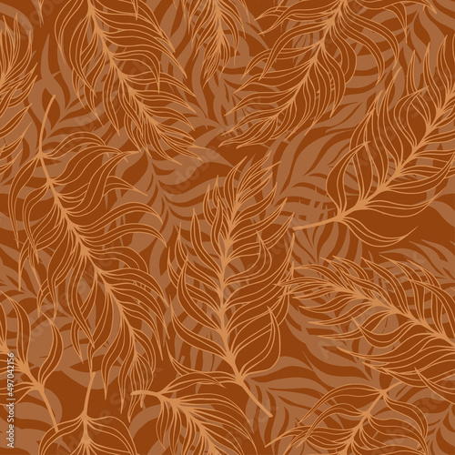 Seamless pattern with decorative tropical leaves. Hand drawn vector illustration on terracotta background.