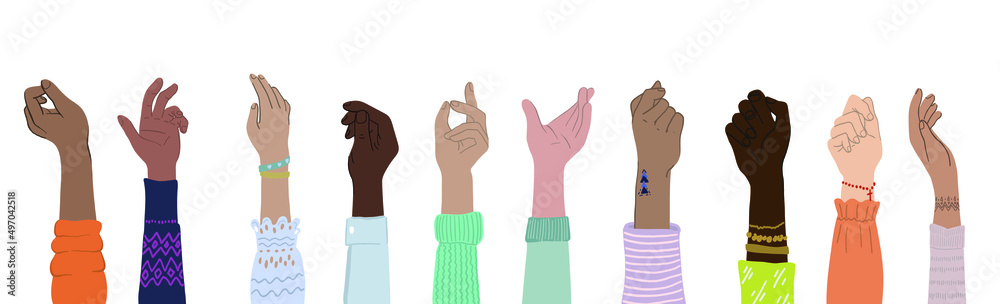 Obraz premium Different human hands vector illustration. Flat hands set. Gestures and emotions.