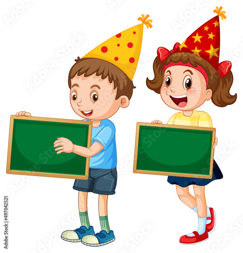Boy and girl holding blank board