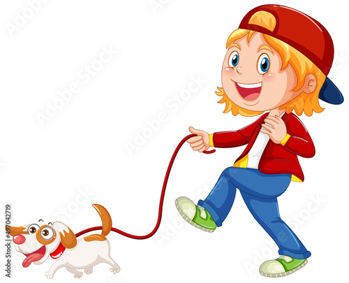 A girl walking her dog on white background