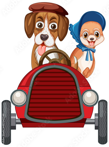 Funny dog cartoon character driving car on white background