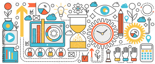 Time management technology. Productivity of processes and business development  control plans and projects  engine gears and hourglass clock in infographic concept banner  thin line art design