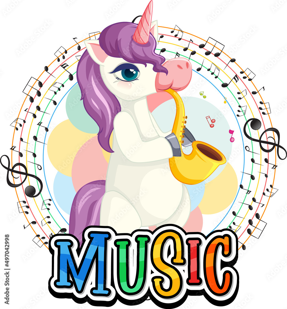 Cute purple unicorn blowing saxophone with music notes on white background