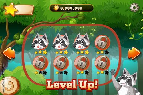 Game template with raccoon in forest