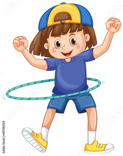 A girl playing hulahoop on white background