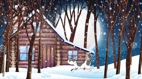Set of different domestic animals with snow in forest