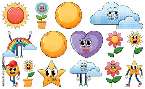 Set of facial expression with vintage style food cartoon on white background