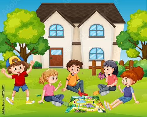Children playing games outside the house