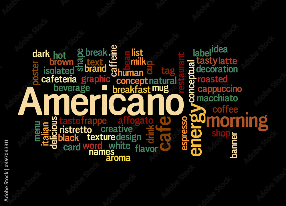 Word Cloud with AMERICANO concept, isolated on a black background