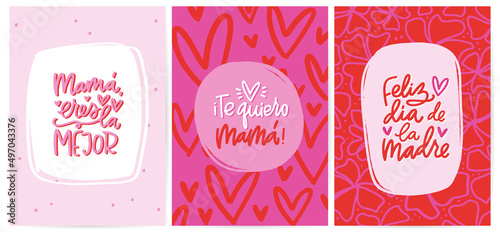 Feliz día de la madre, Te quiero mamá, eres la mejor cartas de felicitación de colores rojo y rosa. Plantillas modernos y coloridos con tipografía mensajes por mujer, amiga, abuela o tía