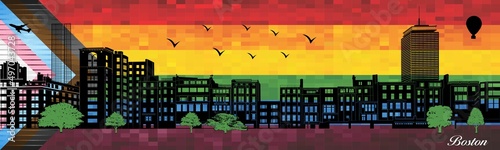 Boston on LGBT flag background - illustration, 
Town in Rainbow background, 
Vector city skyline silhouette