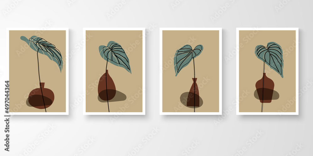 Set of wall art with frames.Modern line art drawing with abstract organic shape composition earth tone. Moon plants, stone, alocasia art vector illustration.