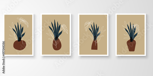 Set of wall art with frames.Modern line art drawing with abstract organic shape composition earth tone. Moon plants, stone, alocasia, palm, monstera art vector illustration.