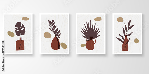 Set of wall art with frames.Modern line art drawing with abstract organic shape composition earth tone. Plants, stone, alocasia, palm, monstera art vector illustration.