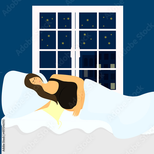 sleeping pregnant woman. The concept of a healthy pregnancy and sound sleep. Vector cartoon illustration in flat style