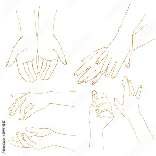 Watercolor linear set of gold hands poses. Hand painted abstract fingers shapes isolated on white background. Minimalistic gold linear illustration for design, print, fabric or background.