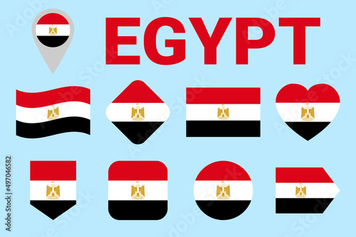 Egypt flag vector collection. Geometric shapes. Flat style. Egyptian national symbols set for travel, turist, sports and patriotic design elements. isolated icons with state name