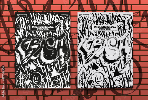 Abstract posters with elements of street graffiti. Vandalistic spray painting on the walls, street art with splatters and drips. Isolated on brick background