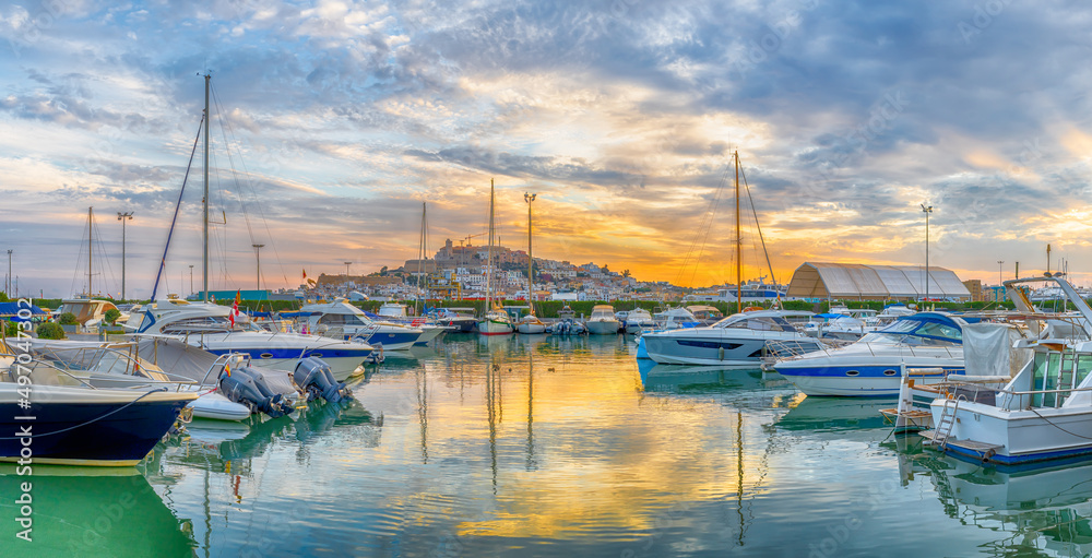 Landscape with Eivissa harbour at sunset time, Ibiza island, Spain