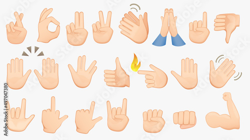 Emoji white skin hand icons. Set of hands icons and symbols set. Different gestures, signals and signs vector illustration