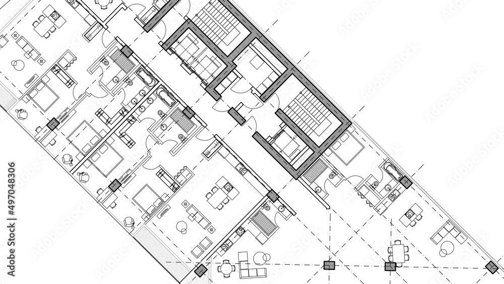2d Cad Building Project Architectural Drawing Of A Furnished Hotel Blueprint Floor Plan Modern Design Top View Technical Concept Stock Ilration Adobe