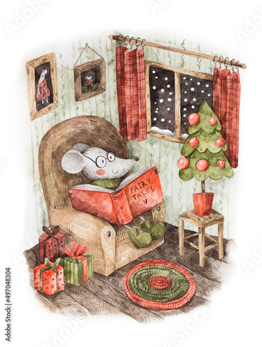 Watercolor illustration of mouse with the book of fairy tales in the room with Christmas tree and gifts
