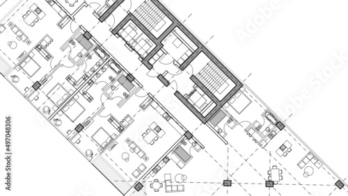 2D CAD building project, Architectural drawing of a furnished hotel, blueprint floor plan, Project of a modern hotel design, Top view of a technical plan concept