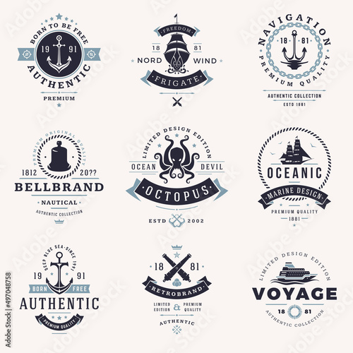 Set monochrome authentic nautical labels emblem vintage design vector illustration. Collection minimalist marine retro logo anchor, octopus, frigate, bellbrand, oceanic, voyage branding identification