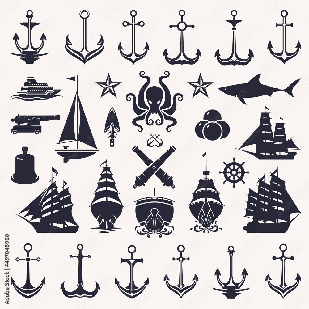 Collection monochrome marine icon minimalist vintage vector illustration. Set aquatic retro transportation animals and weapon. Nautical ship, anchor, shark, octopus, frigate, cannon, pirates