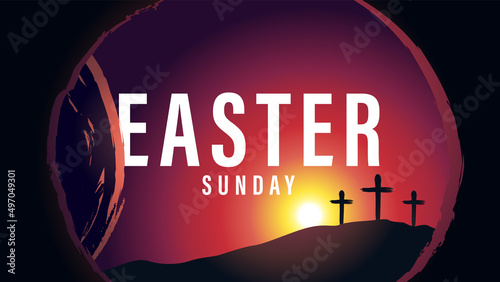 Easter Sunday morning tomb and Calvary with three cross. Holy week poster with typography, crosses and cave with tomb on background. Vector illustration