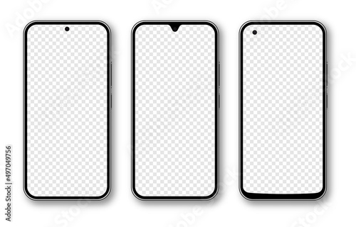 Phone mockup vector set. Phone mockup, technology device, smartphone with blank screen. Empty display. PNG.