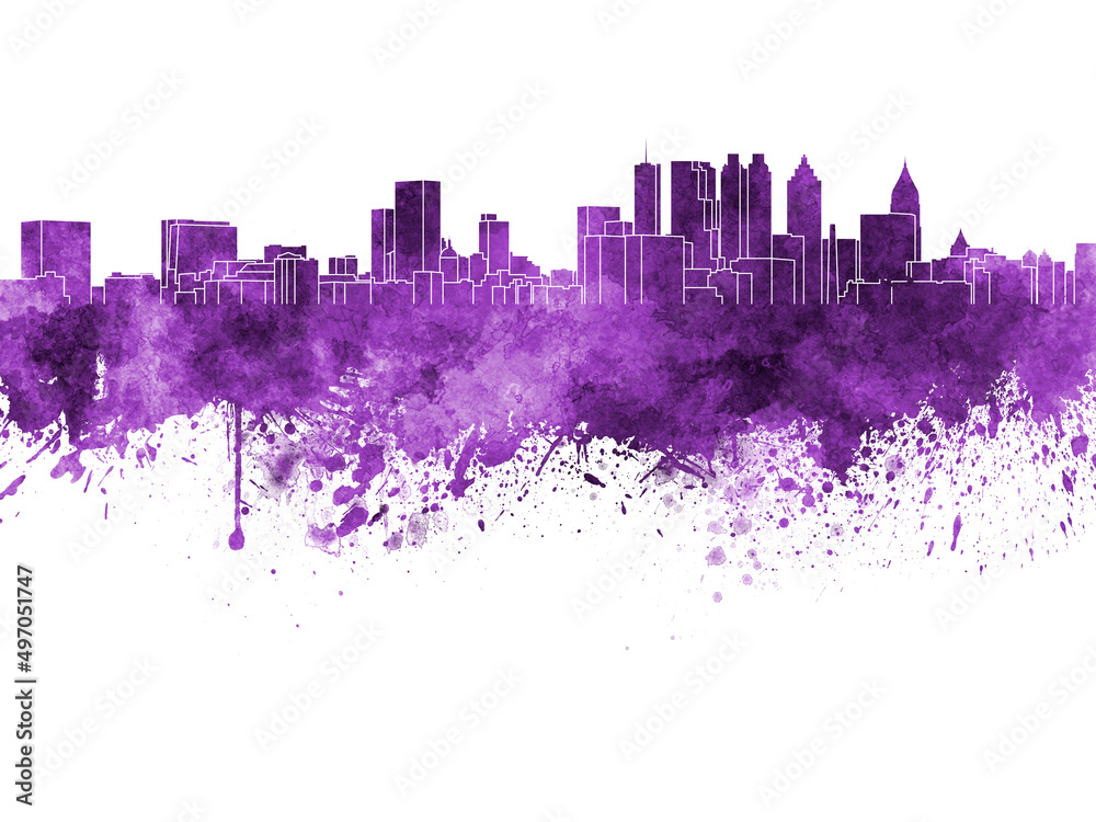 Atlanta skyline in purple watercolor on white background