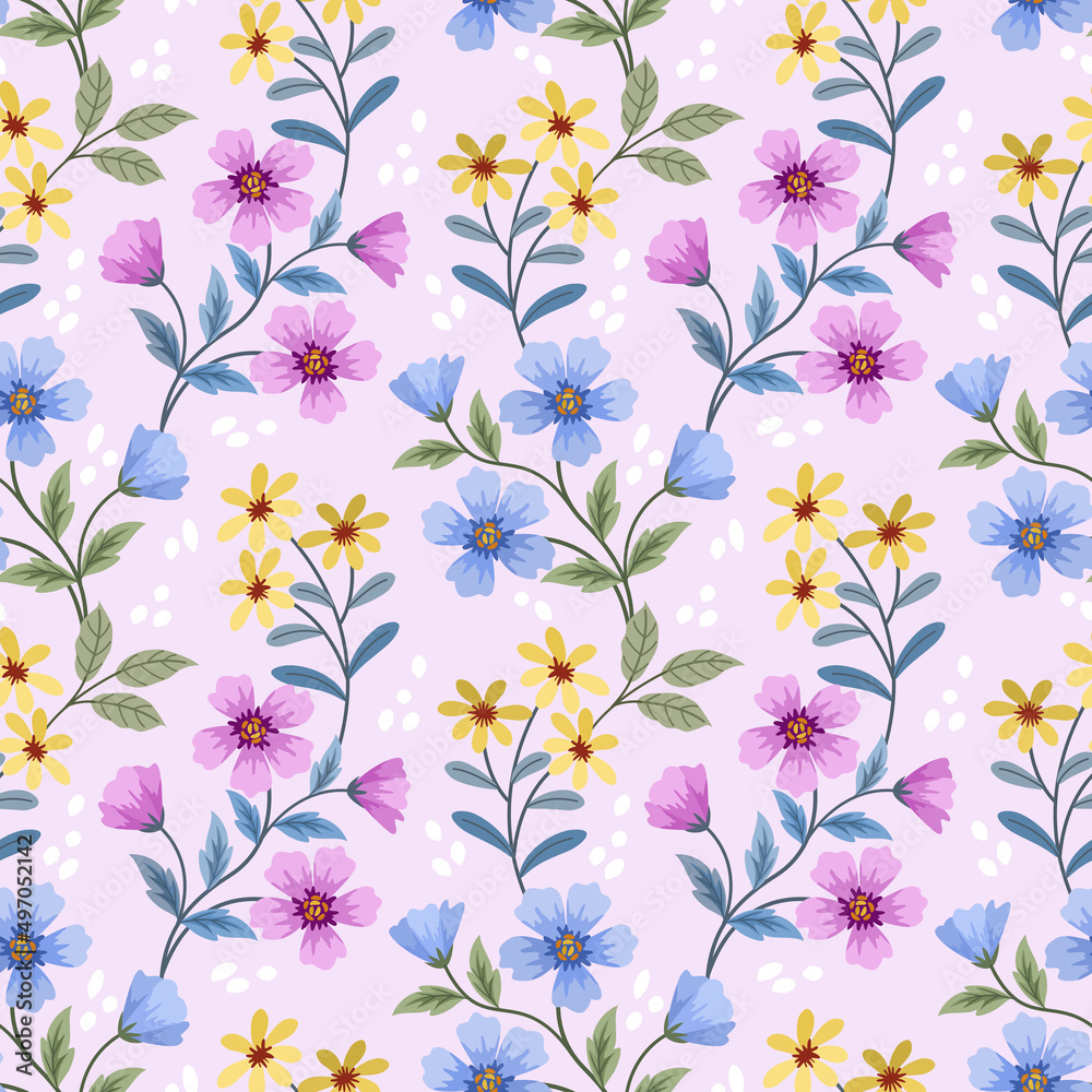 Cute small pink yellow and blue flowers with green leaf seamless pattern. Cute small pink yellow and blue flowers with green leaf seamless pattern.