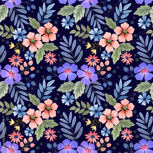 Colorful flowers and leaf on dark blue color background seamless pattern for fabric textile wallpaper.
