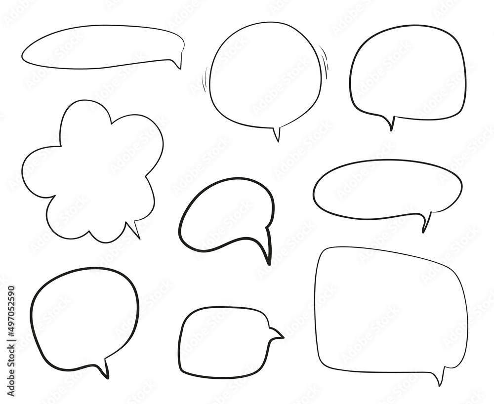 Set of hand drawn think and talk speech bubbles. Abstract symbols on white. Pattern of loot for words. Line art. Collection of different signs. Black and white illustration