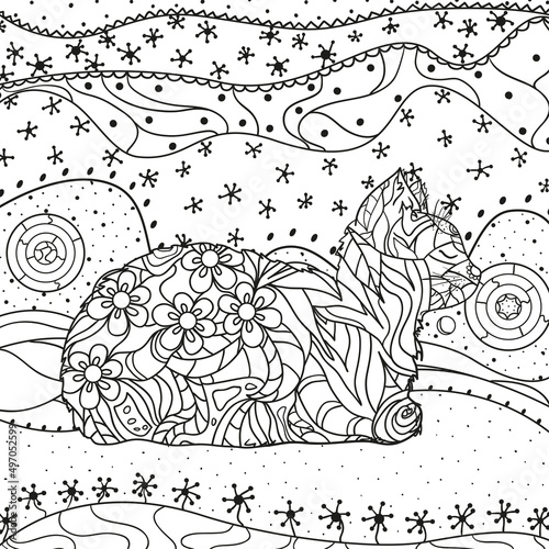 Abstract eastern pattern with cat on isolated white. Zentangle. Hand drawn abstract patterns on isolation background. Design for spiritual relaxation for adults. Black and white illustration