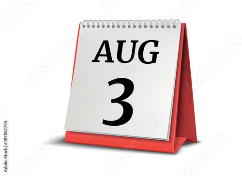 August 3. Calendar on white background. 3D illustration.